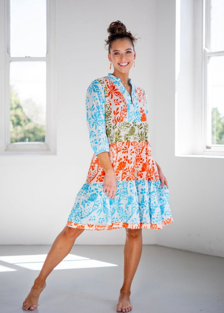 Nia Dress, Turquoise and Orange Ikat