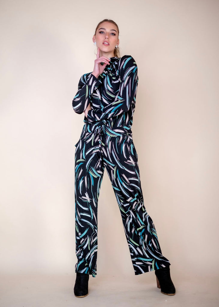 Halterneck winter jumpsuit, Black & green splash