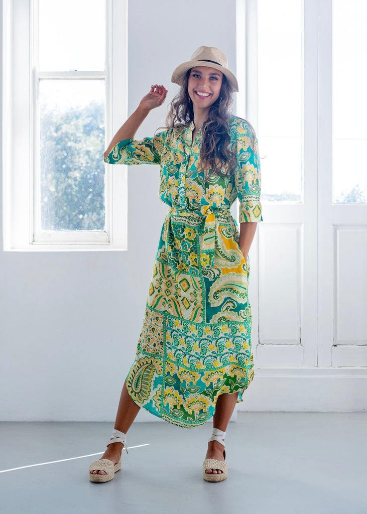 Fergie Cuffed Sleeve  Dress,  Green and Yellow  Paisley