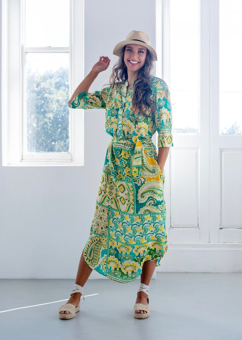 Fergie Cuffed Sleeve  Dress,  Green and Yellow  Paisley **Available 4 October 2024**