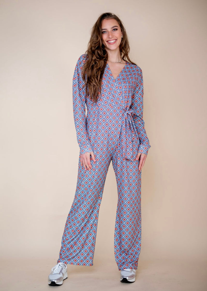 Crossover jumpsuit, Navy & orange diamonds