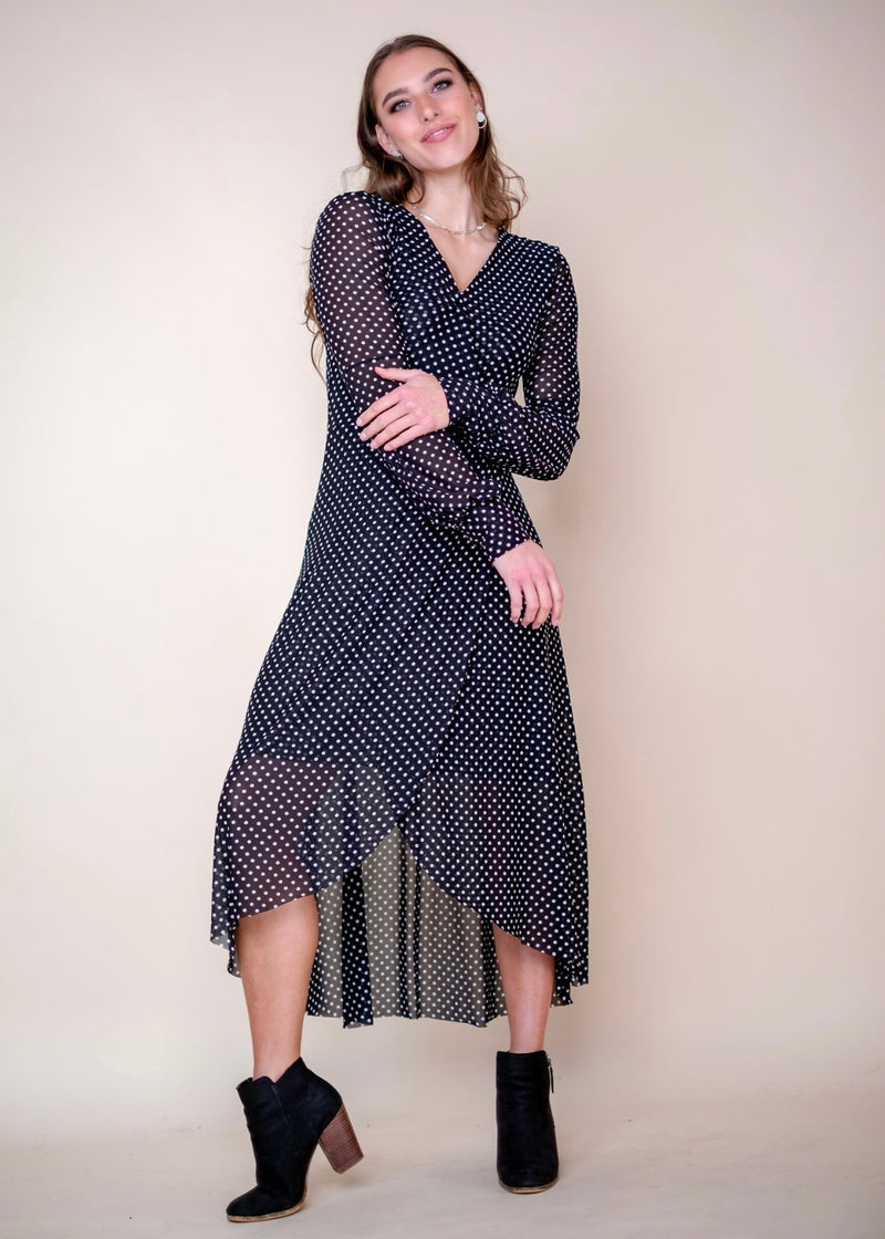 Asymmetrical wrap dress, black & white polkadots