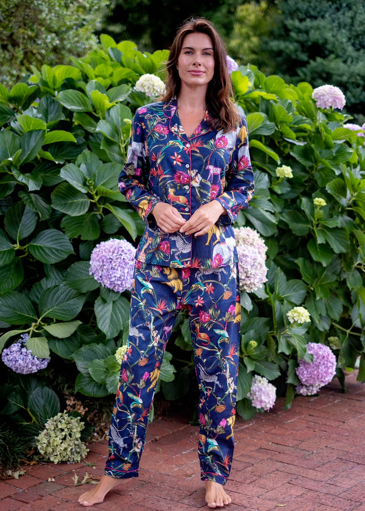 Long PJ set in navy animal floral