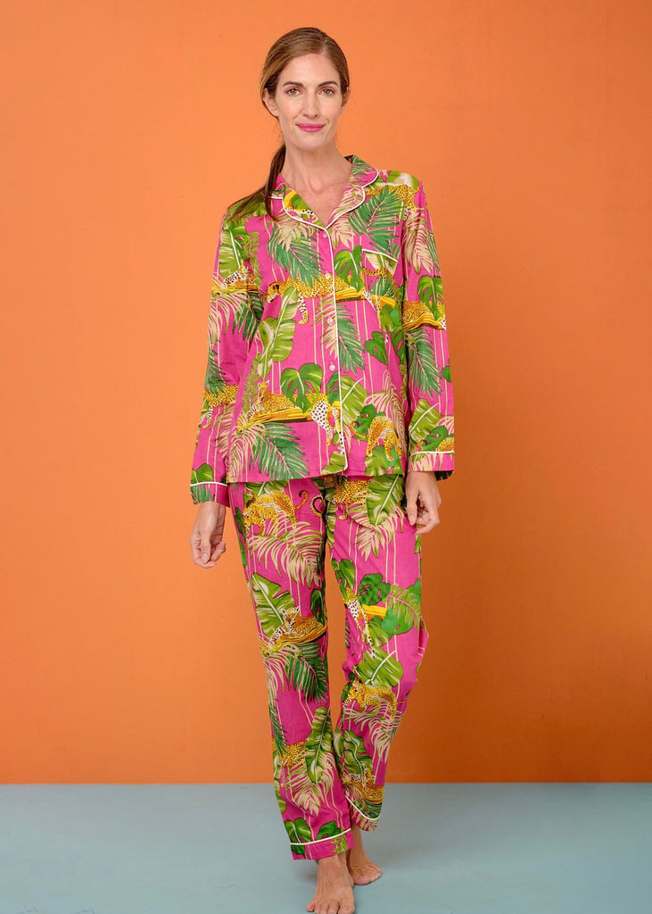 Long PJ set in cerise tropical jungle