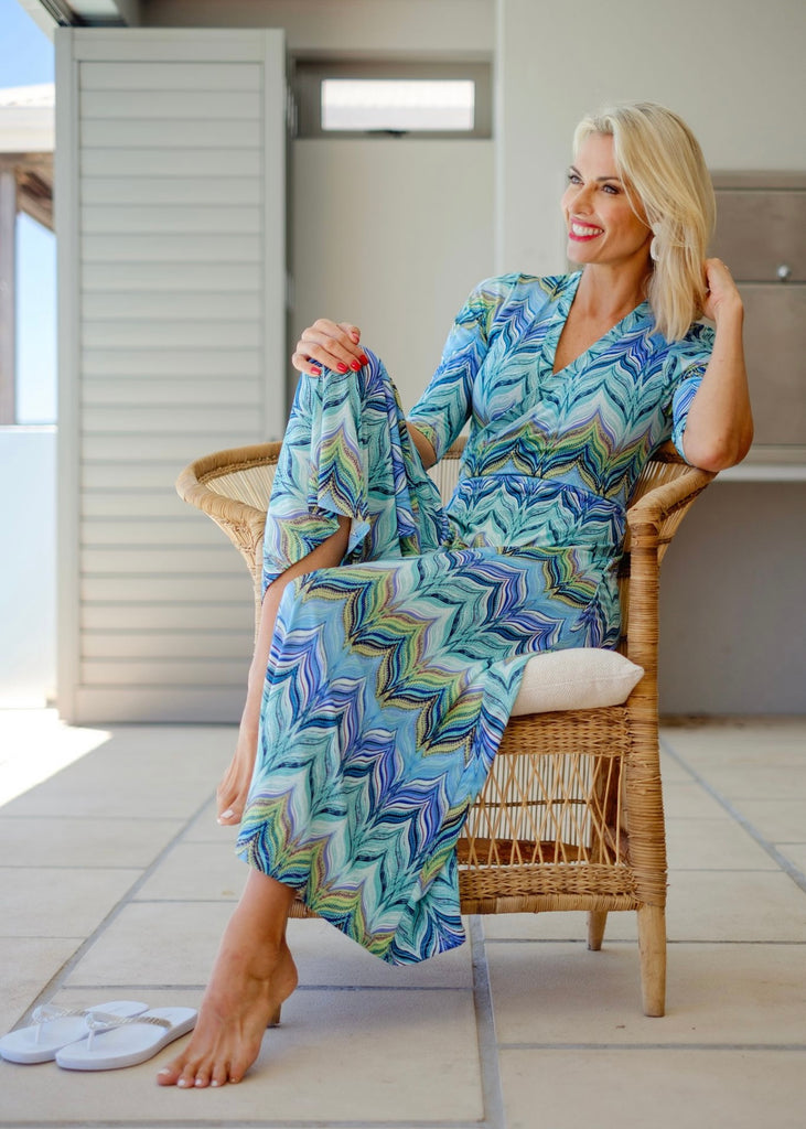 Maxi  Wrap dress , Turquoise and blue zig zag