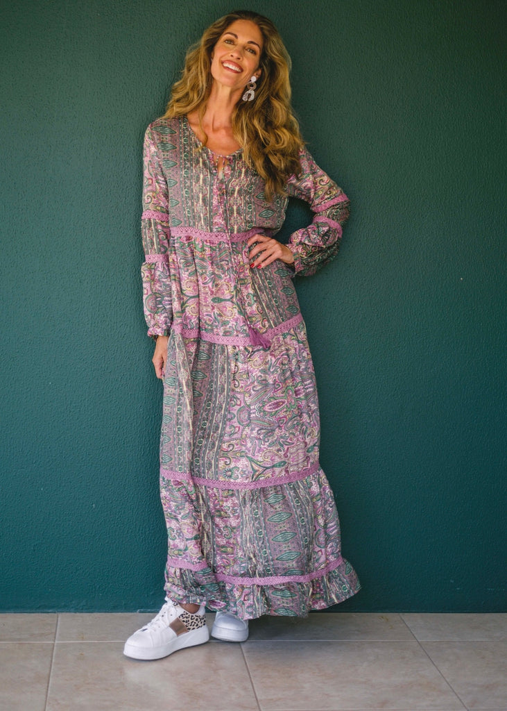 Boho dress in Pink paisley with lace inset